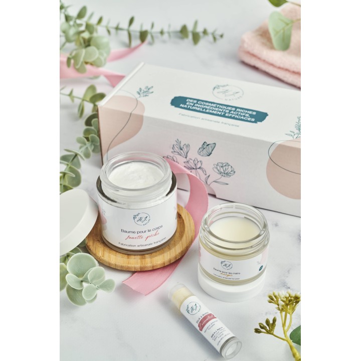 Coffret baume corps senteur Pêche + baume mains + stick